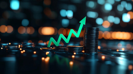 rising graph with green upward arrow on coins symbolizes financial growth and investment success. blurred background adds dynamic feel to image