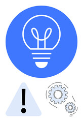 Light bulb with gears and warning sign illustrating innovation, caution, and efficiency. Ideal for creativity, planning, problem-solving, technology, innovation safety workflow. Flat simple