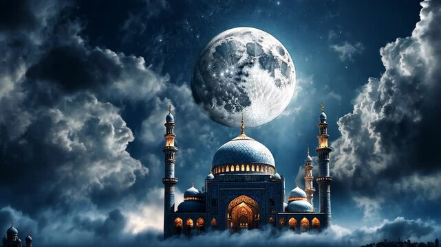 Silhouette of a mosque at night under a crescent moon and stars. Ramadan kareem holiday