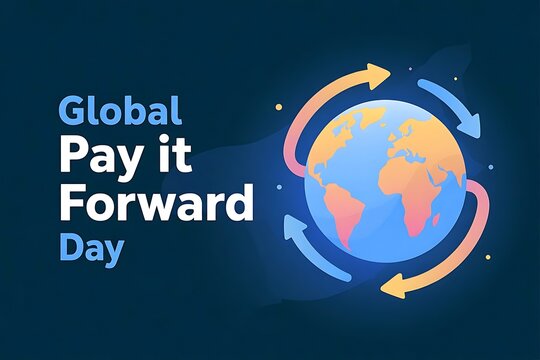 Celebrating Global Pay It Forward Day: A world of kindness and generosity shown through a vibrant stylized globe with swirling arrows representing the interconnectedness of global acts of giving.