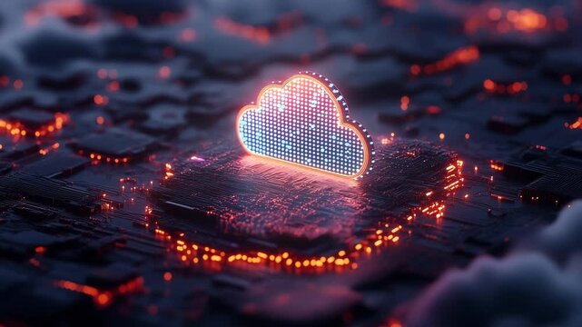 A glowing red cloud icon sits atop a dark, textured surface, illuminated by scattered points of light, evoking a digital and futuristic atmosphere. cloud e-wallet 