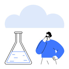 Flask with liquid, person thinking, and cloud symbol. Ideal for innovation, creativity, science, research, abstract thinking analysis and brainstorming. Flat simple metaphor