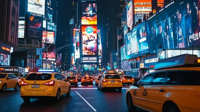 Vibrant Nighttime Illumination in New York City's Times Square with Taxi Traffic
