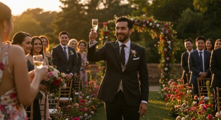 Man raising a toast at a wedding ceremony in a garden setting  