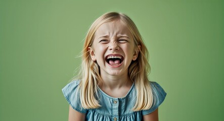 blonde kid girl on green plain bright background happy laughing hysterical looking at camera portrait banner with copy space ad concept marketing