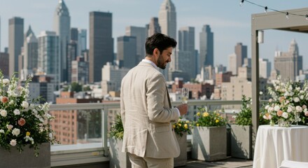 Groom contemplating his future against a city skyline backdrop  