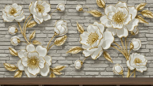 Fototapeta Floral illustration of white and gold flowers against a brick wall background.
