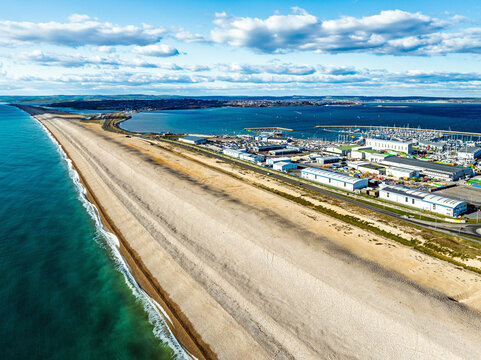 Chesil Beach from a drone, West Bay to Portland, Jurassic Coast, Dorset, England	