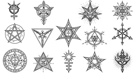 Collection of 15 Intricate Hand-Drawn Occult and Mystical Symbols: Pentagrams, Stars, and Sigils for Tattoo Inspiration and Design