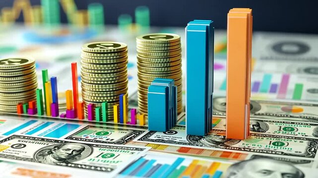 Visual representation of business growth and success with currency and graphs