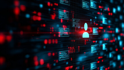 Digital identity concept with virtual person icon and data streams