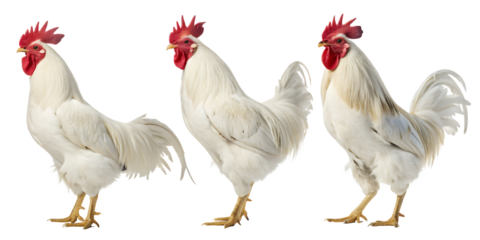Three Elegant Roosters in a Row: Witness the refined posture of three pristine roosters, showcasing their pure white plumage and proud stance in this crisp, clear capture.