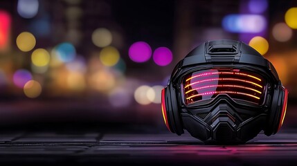 Fototapeta premium Futuristic helmet with glowing visor displayed on urban street at night, vibrant city lights in background