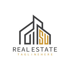 initial monogram logo for real estate with building shape creative design	
