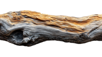 Beautiful driftwood fragment isolated on transparent background, high quality coastal element ideal for nautical design, rustic decor and natural texture