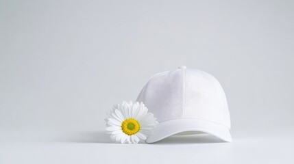 Fototapeta premium White baseball cap and daisy flower