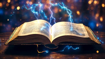 Glowing energy emanates from open spellbook or Bible book illuminating ancient wisdom; concept of education, faith and fantasy