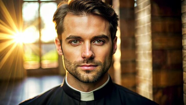 Handsome young catholic priest in black clothes in the church. A concept of ministers of God and religion