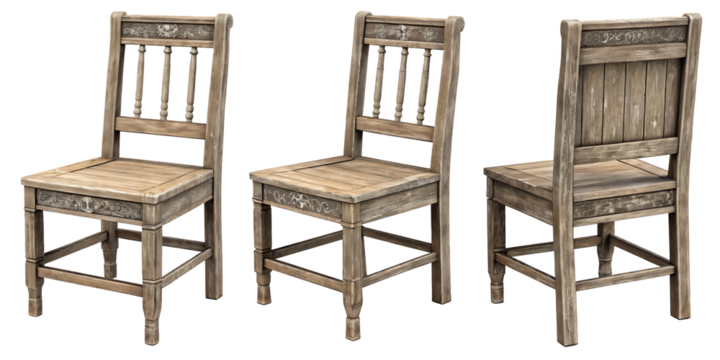 Wooden Chair Trio: A set of three intricately crafted wooden chairs stand side by side, showcasing detailed construction and timeless design. Their aged appearance whispers stories of heritage.