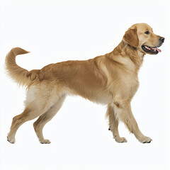 A golden retriever walking gracefully against a white isolated background, showcasing its playful and friendly nature.