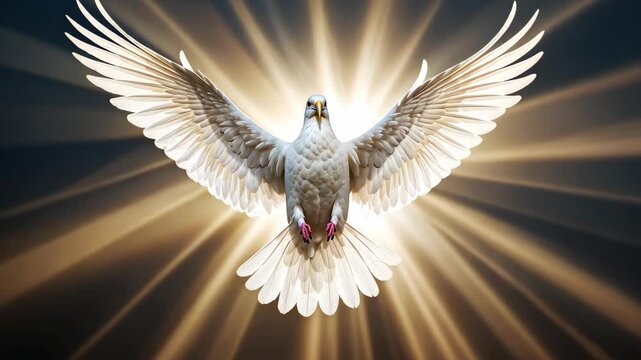 White dove flying free with delicate rays of light behind it, peace symbol
