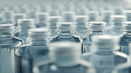 Fototapeta premium Bottled Water: A clear, close-up shot of numerous bottled water, meticulously arranged, ready for refreshment and essential hydration.