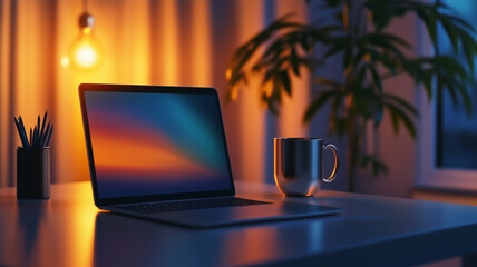 modern workspace with laptop and warm lighting