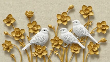 Fototapeta premium Illustration of three white birds perched on gold flowers and branches.