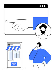 Hand pointing at interface, thoughtful man, online store window, avatar. Ideal for e-commerce, user journey, marketing strategy, web design, decision-making digital shopping flat simple metaphor