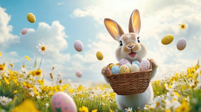 Adorable white rabbit with bascet Easter eggs in field of blooming daisies
