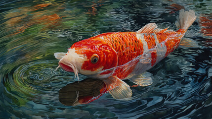 vibrant koi fish swims gracefully in serene pond, its striking orange and white patterns reflecting beautifully on water surface. watercolor effect enhances tranquil atmosphere