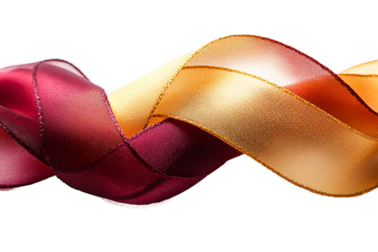 Elegant crimson and gold ribbons intersecting on transparent background, high quality decorative visual for holiday themes, gift presentation and luxury packaging