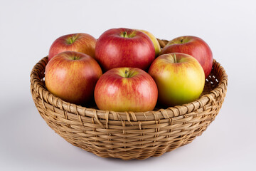 Fresh red and green apples arranged neatly in a woven basket against a light background