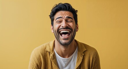 Obraz premium latin Hispanic 40s man on yellow plain bright background happy laughing hysterical looking at camera portrait banner with copy space ad concept marketing