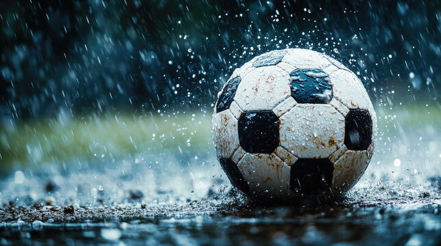A classic black and white soccer ball getting soaked under heavy rain on a dark moody background, symbolizing resilience, passion, and dramatic moments in sports. Banner, copy space, stock style