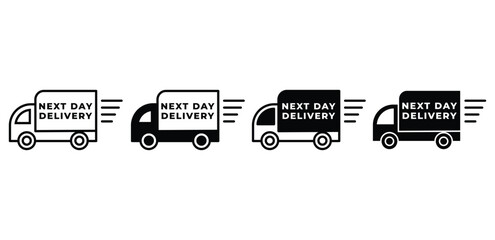 Next Day Delivery Icon Set Black and White Truck Vector Design Graphics