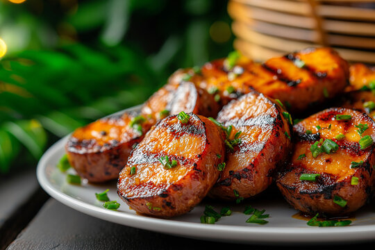 Grilled kielbasa sausage slices garnished with fresh herbs on plate, showcasing delicious and appetizing presentation. Perfect for outdoor gatherings or barbecues