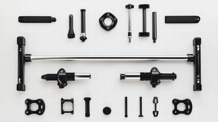 Fototapeta premium Precision Components Array: An assortment of precisely crafted metal components, meticulously arranged and showcased against a clean backdrop.