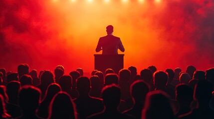 A leader standing on a podium addressing an inspired audience