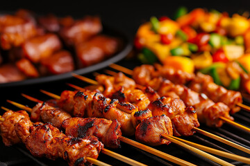 Grilled skewers of marinated meat served with colorful vegetables, showcasing delicious variety of traditional street food. Perfect for gatherings and outdoor events