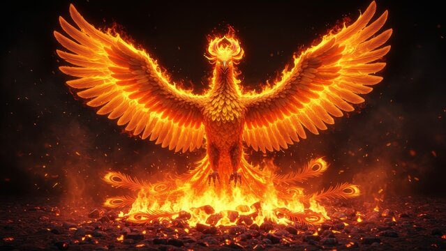 A fiery phoenix rises from flames, wings spread in an evocative digital art piece.