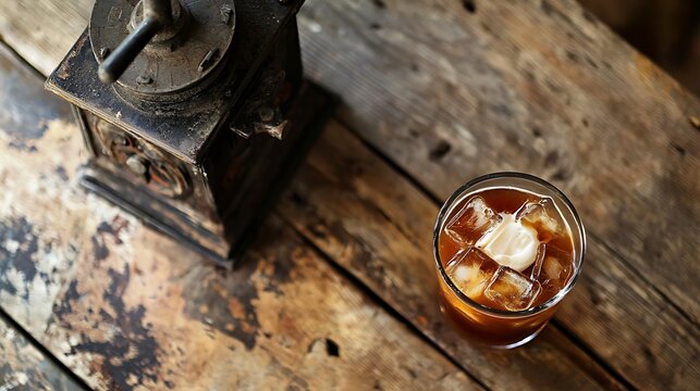 A glass of iced coffee sits on a wooden table next to a vintage coffee grinder