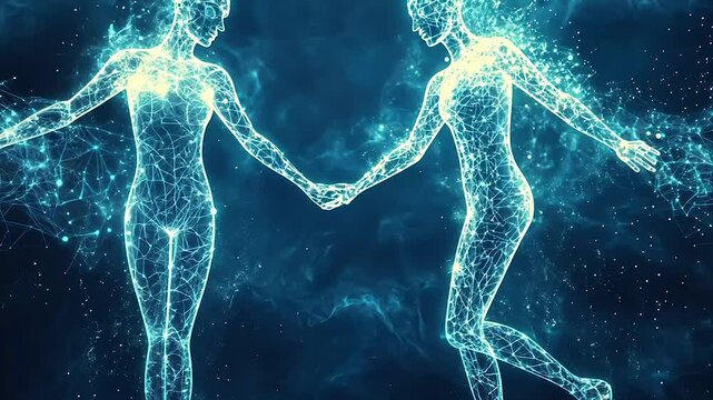Two ethereal figures, interconnected, glowing, floating amidst cosmic dust