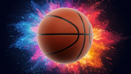 Fototapeta premium A basketball bursts forth from an explosion of color and energy.