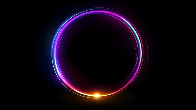 Vibrant neon circle light frame on black background.