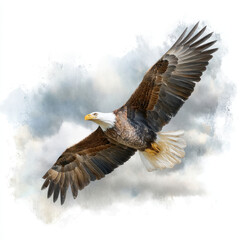 Fototapeta premium majestic eagle soars gracefully through sky, its wings spread wide in stunning watercolor depiction. intricate details of its feathers and soft background create serene atmosphere