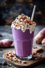 Purple Potato Milk Shake in a glass and ingredients on dark background. Homemade Japanese Purple Ube Milkshake with Whipped Cream. Cafe menu, recipe. Glass of Trendy Purple Sweet Potato smoothie