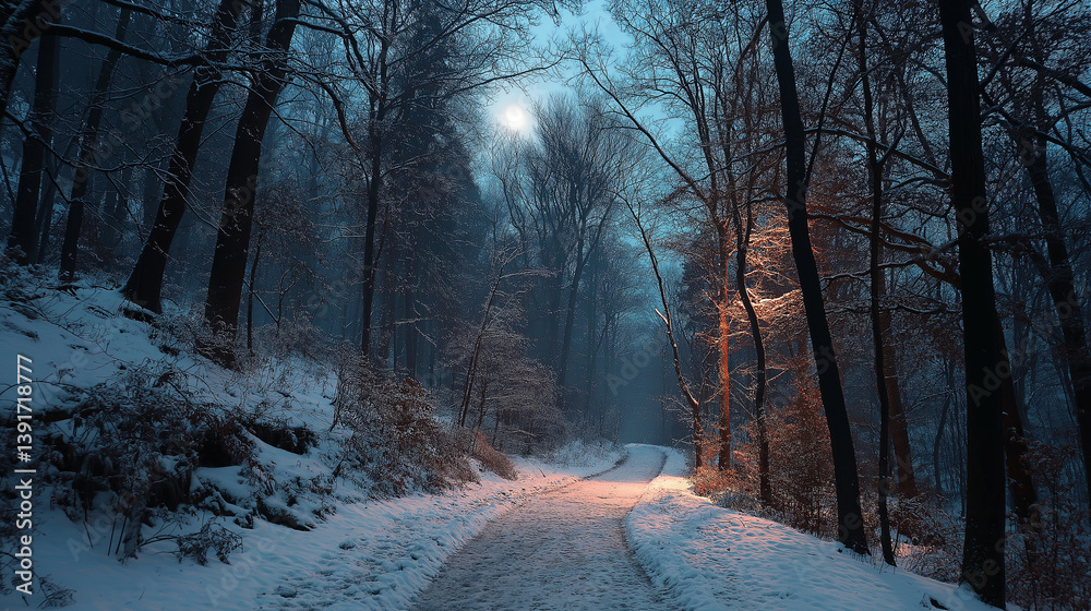Poster A snowy forest path illuminated by the soft glow of a full moon