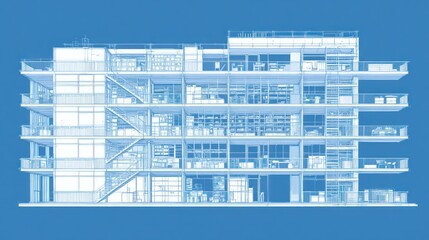 Architectural building blueprint, modern design, multi-story structure, interior spaces