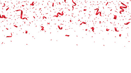 Red confetti and ribbon on transparent background. Falling red confetti celebration element. Vector illustration